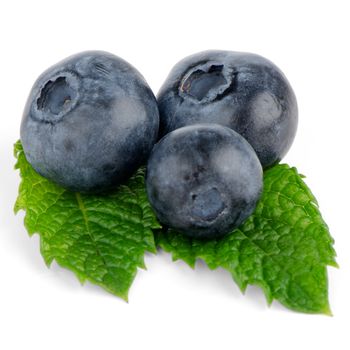 Ripe blueberry with mint closeup on white background.