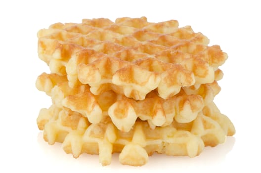 Pile of sweet waffles isolated on white background.