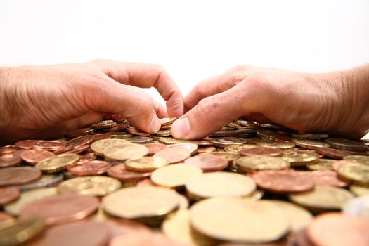 grabbing all the money, hands grabbing coins isolated/white background...........