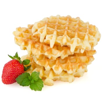 Waffles and strawberry isolated on white background.