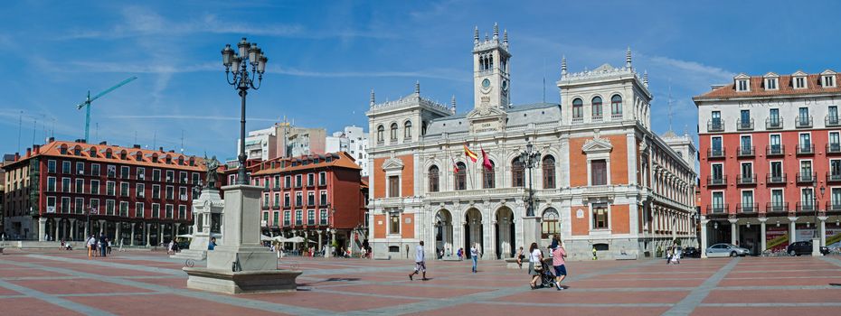 VALLADOLID, SPAIN – SEPTEMBER 22: The Plaza Mayor and the city hall of Valladolid on September 22, 2012 on Valladolid, Castilla y Leon, Spain. The main square is the first place arcades closed in Spain.