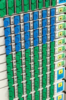 fiber optic cable management system with green and blue SC connectors