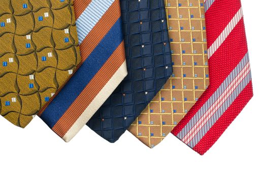 Closeup of five ties isolated on white background.