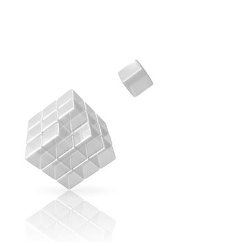 3D Glass Cube with missing piece on white Background