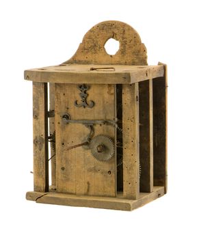 Retro wooden clock box and mechanism gear wheel residue isolated on white