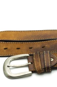 Rugged Brown Leather Jean Belt with Silver Buckle Isolated on White