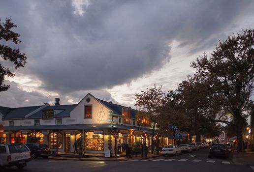 Downtown Paarl shops at dusk, Franschhoek, South Africa