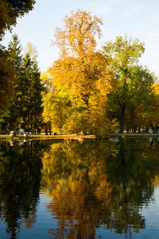 Beautiful colors of autumn landscape by the lake