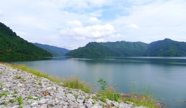 River and mountain backside of Khundanprakanchon dam, Nakhon Nayok, Thailand