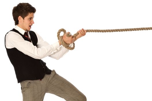 strong-willed man pulling of a rope and wins as a symbol of business success