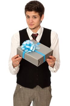 man holding in the hands the gray box with blue ribbon as a gift