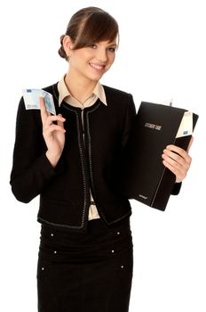 Business woman holding the document case with money in the hands as a symbol of wealth