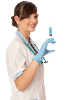 Woman holds in the hand syringe with a new antibiotic