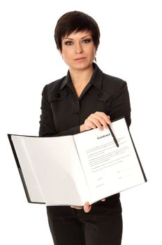 General director showing a contract for her partner