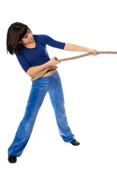 The strong-willed woman plays of pulling of a rope and wins