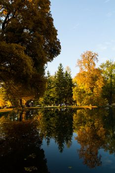 Beautiful colors of autumn landscape by the lake