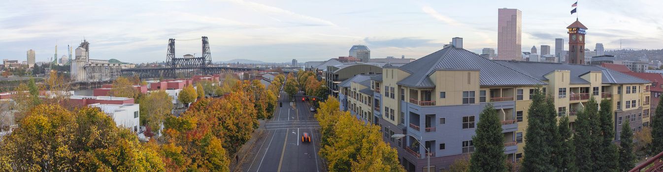 Portland Oregon Skyline and Steel Bridge by Union Station in Autumn Panorama