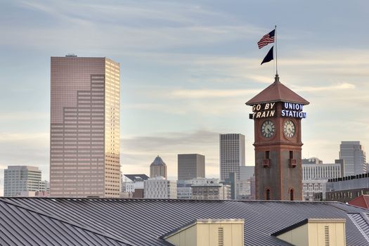 Union Station with Portland Oregon Downtown City Skyline