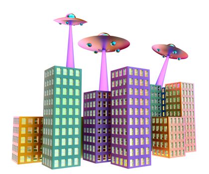 three UFOs with light beams scans empty buildings