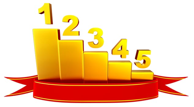 3D rendering of red ribbon award winner with a golden business-bar chart as graph, depicting growth to show profits and success