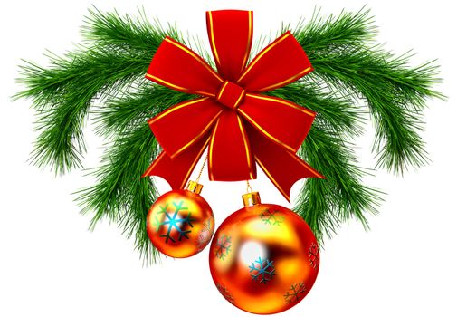 3D rendering of balls toys with red bow and decorative green fir-tree branches as a symbol of christmas