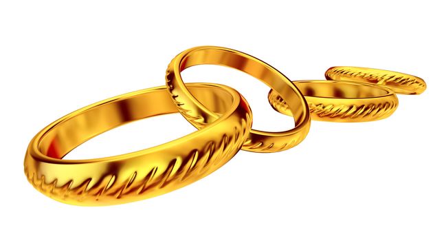 stylish set of golden wedding rings on white background