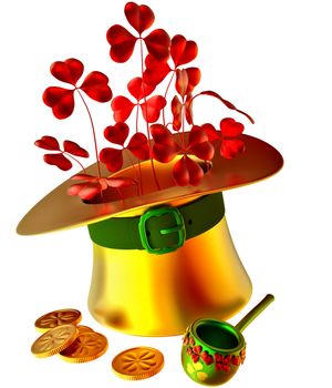 golden hat, red shamrocks and set of gold coins as a symbol of wealth