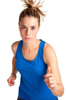 Young fit woman jogging, isolated in a white background