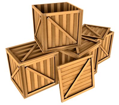 Top view of wooden boxes on white background