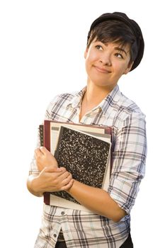 Portrait of Pretty Mixed Race Female Student Holding Books Isolated on a White Background.