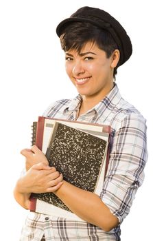 Portrait of Pretty Mixed Race Female Student Holding Books Isolated on a White Background.