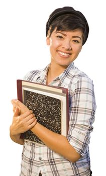 Portrait of Pretty Mixed Race Female Student Holding Books Isolated on a White Background.