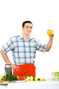 portrait of a young man, hold bell pepper