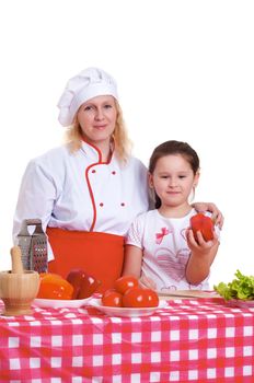 Mother and daughter cooking dinner, white backgroung