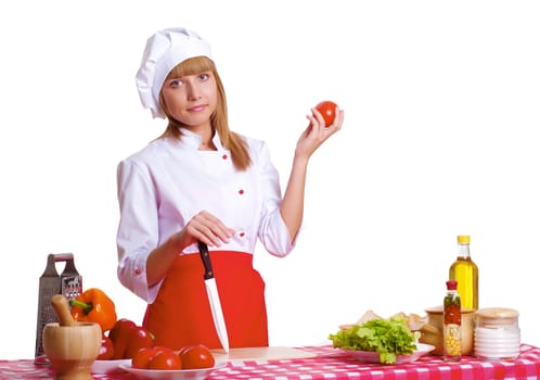 attractive woman cuts vegetables, cooking dinner, white background