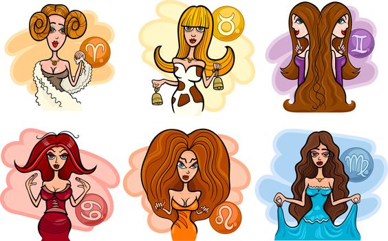 Cartoon Illustration of Horoscope Zodiac Signs with Beautiful Women