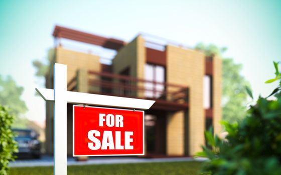 A 3D illustration of "Home For Sale" sign in front of new house.