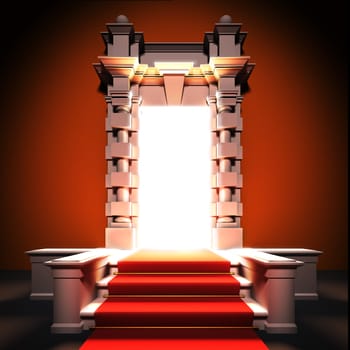 A 3d illustration of red carpet way to classical portal.