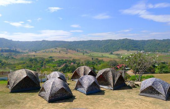 Tent set up for camping in the mountain view