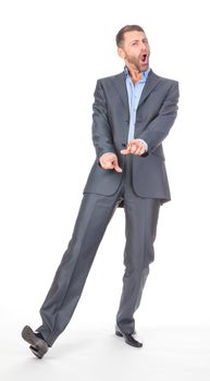 Full length portrait of cheerful business man, over white background