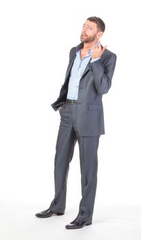 Full length portrait of thoughtful business man, over white background