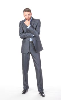 Full length portrait of thoughtful business man, over white background