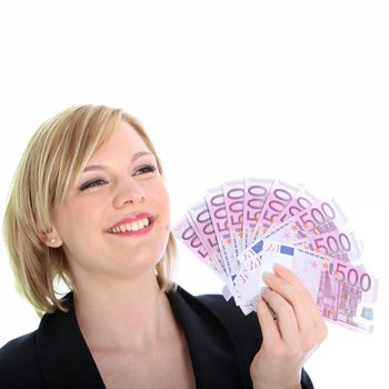 Friendly smiling young blonde woman holding may 500 Euro notes