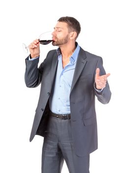 Portrait business man with glass wine, over white background