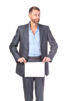 Portrait businessman showing an empty board to write, over white background