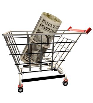 3D render of a shopping cart over white background with roll of dollars