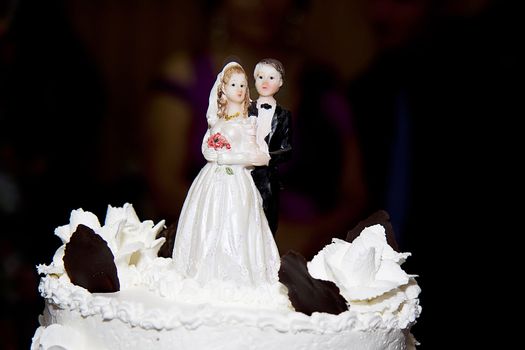 A close up picture of a wedding cake topper