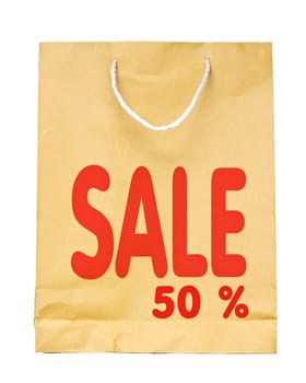 Brown paper shopping bag with Red Sale 50 %  text isolated on white background.