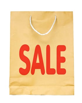 Brown paper shopping bag with Sale 50 %  text isolated on white background.