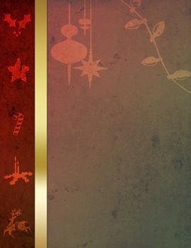 A modern and abstract Christmas Illustration: A golden border on a grungy red-green background with Christmas elements.